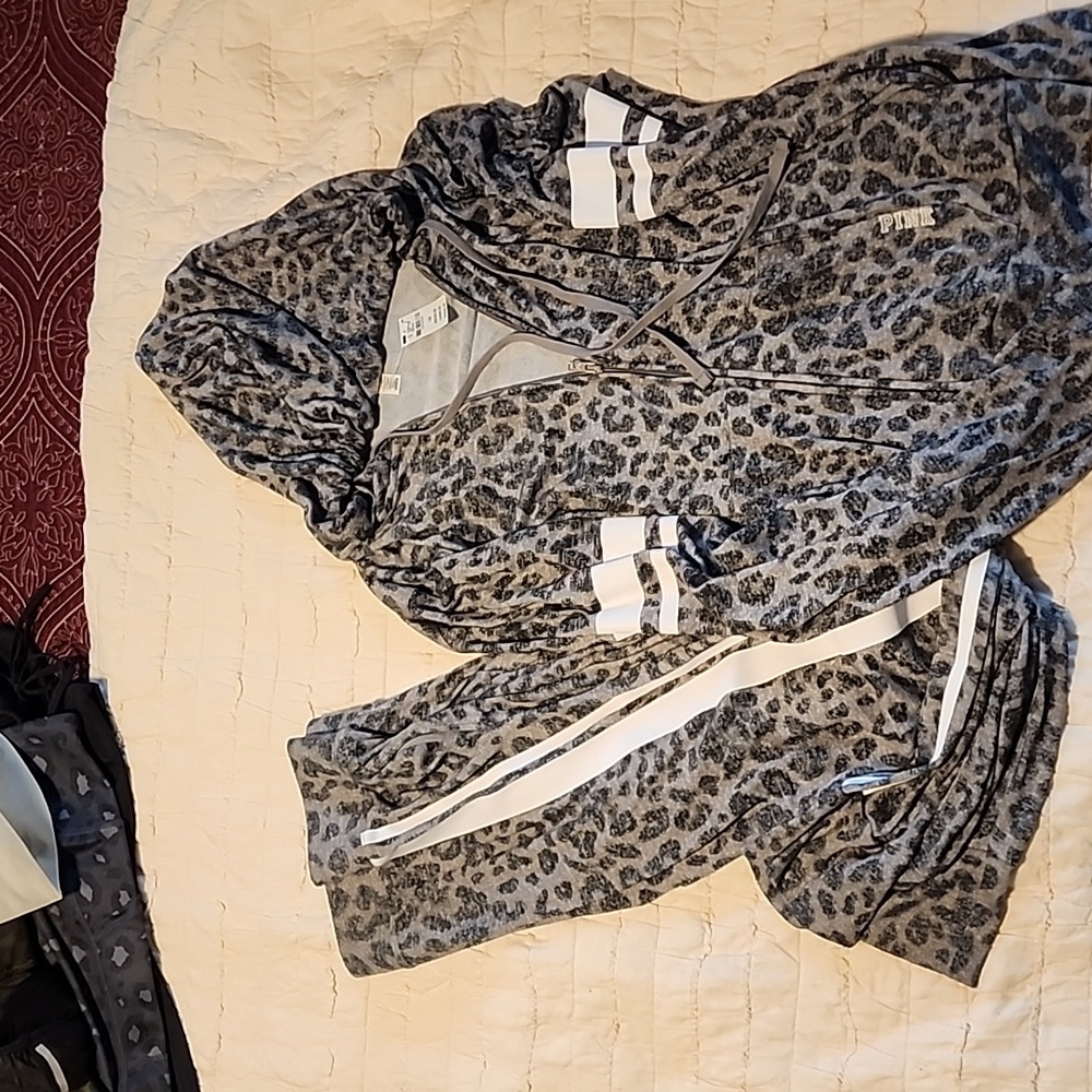 Pink leopard jogger set with hoodie, pants Medium top Large